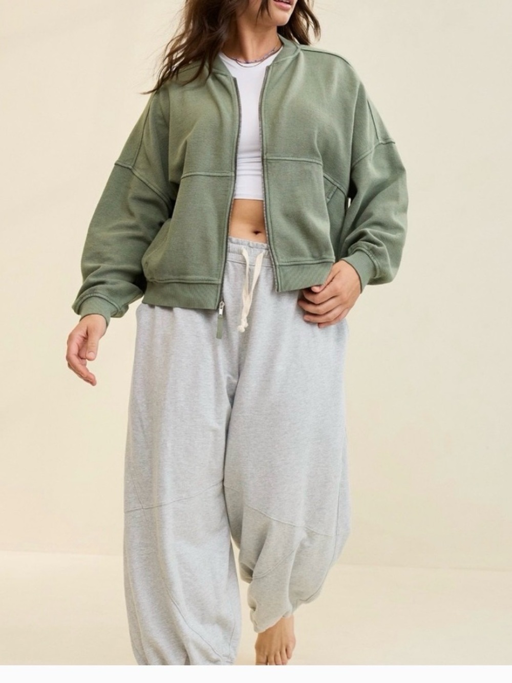 Aerie Full Zip Bomber Sweatshirt Jacket Oversized Olive Green Size Medium